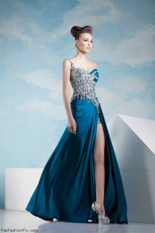 Đầm váy dạ hội lệch vai màu xanh xẻ tà đính phale sang trọng DH-058