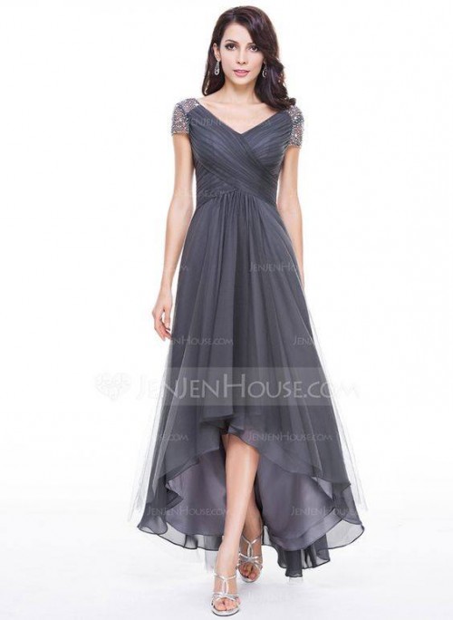 Đầm váy dạ hội mullet màu xám đen cổ V tay ngắn DH- 049